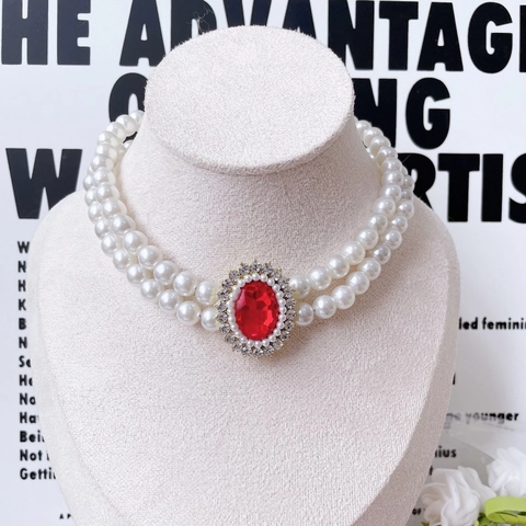 Luxury Pet Pearl Necklace With Vintage Artificial Gemstone Pendant Double Layer Choker For Small Dogs Cats Puppy Decoration Accessories