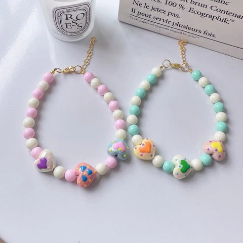 Handmade Pet Necklace With Heart Pendant Artificial Pearl Beads Adjustable Cat Dog Collar Princess Style Jewelry For Puppies Kittens