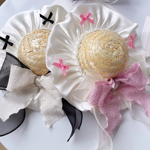 Pet Lolita Straw Hat With Large Bow Satin Ruffles Artificial Pearl Heart Pet Sun Hat For Cats Dogs Summer Party Accessory