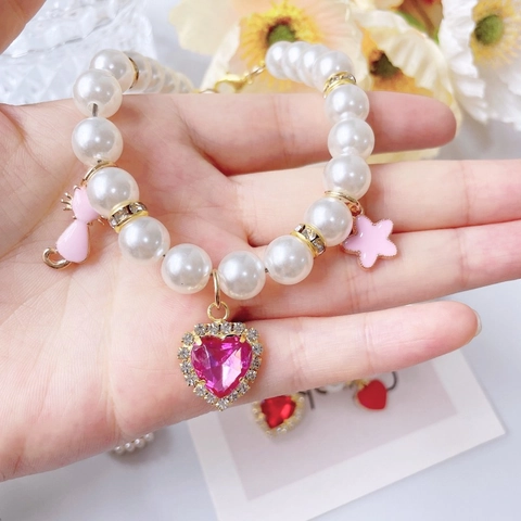 Princess Style Pet Pearl Necklace With Rhinestone Heart Pendant Artificial Pearl Collar For Small Dogs Cats Accessory