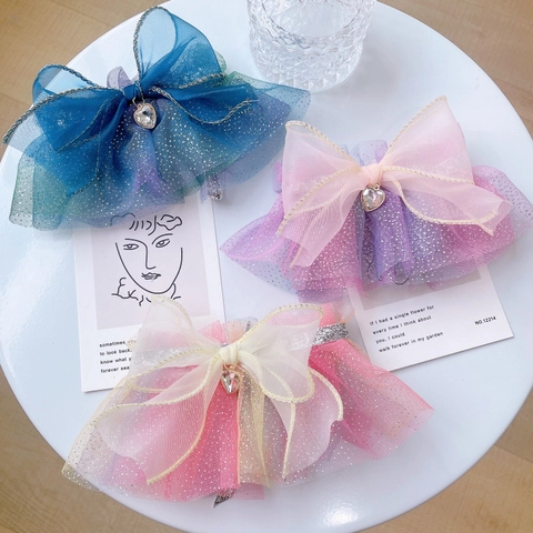 Fairy Style Pet Collar Gradient Organza Mesh Bib With Heart Pendant Glitter Sequin Decorative Bowknot For Cats And Small Dogs