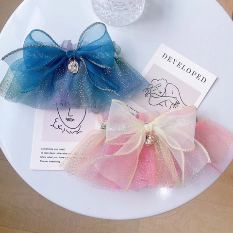 Fairy Style Pet Collar Gradient Organza Mesh Bib With Heart Pendant Glitter Sequin Decorative Bowknot For Cats And Small Dogs