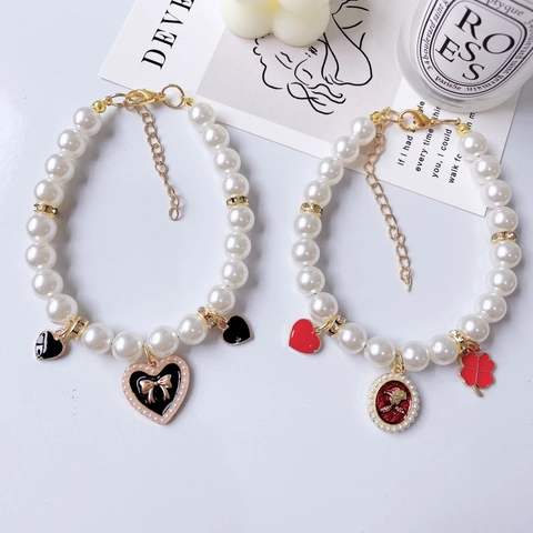 Princess Style Pet Artificial Pearl Necklace With Rose Flower Heart Pendant Adjustable Jewelry For Cats And Dogs Wedding Party