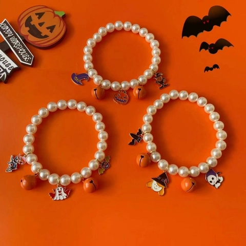 Halloween Pet Pearl Necklace With Bell Pumpkin Ghost Bat Witch Charms Adjustable Cat Dog Collar Party Decoration Jewelry