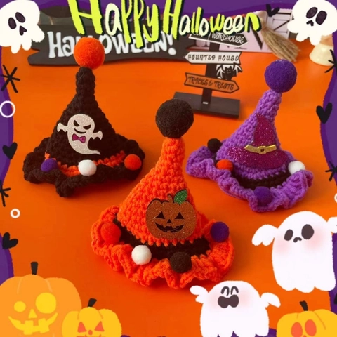 Pet Halloween Hat Hand Crocheted Witch Hat Pumpkin Ghost Design For Dogs Cats Festive Dress Up Party Costume Accessories