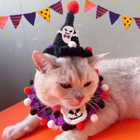Pet Halloween Hat Hand Crocheted Witch Hat Pumpkin Ghost Design For Dogs Cats Festive Dress Up Party Costume Accessories