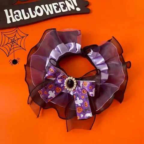 Collare per Animali di Halloween in Organza Pizzo Fiocco Collana per Cani Gatti Stampa Fantasma Zucca Collare Decorativo Divertente Accessorio Costume