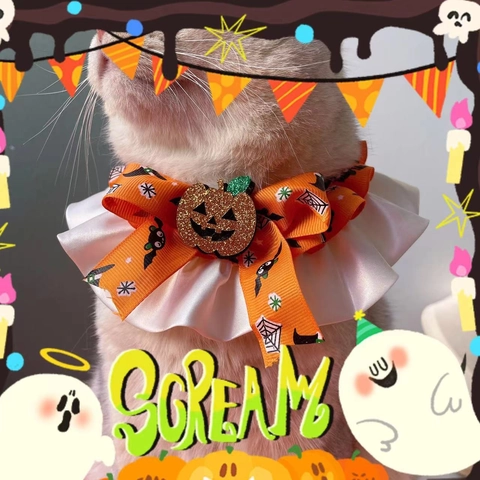 Halloween Halsband Huisdier Pompoen Spook Verstelbaar Gelaagde Satijnen Slabbetje Voor Katten Honden Feest Kostuum Accessoire