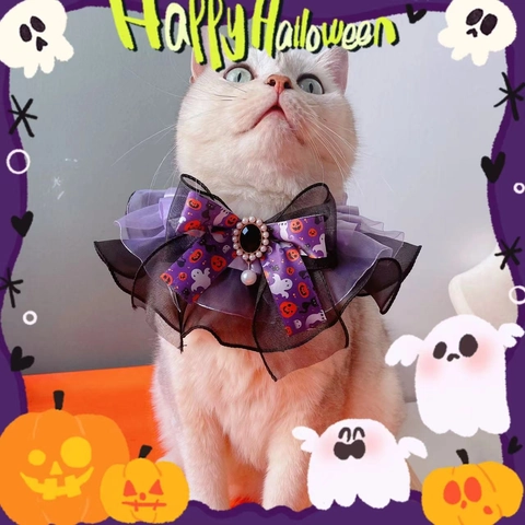 Collare per Animali di Halloween in Organza Pizzo Fiocco Collana per Cani Gatti Stampa Fantasma Zucca Collare Decorativo Divertente Accessorio Costume