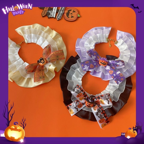 Collare in Pizzo per Animali Halloween Sciarpa Regolabile per Gatti Cani Ricamato a Zucca Accessorio per Feste