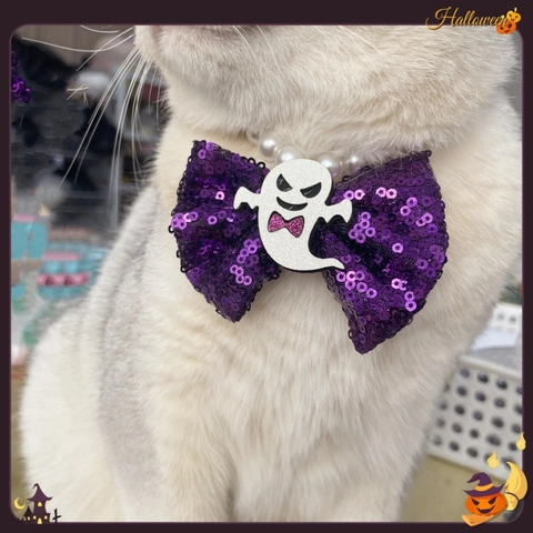 Collana per Animali di Halloween Papillon di Paillettes Fantasma Zucca Collare di Perle Artificiali per Gatto Cane Gioielli