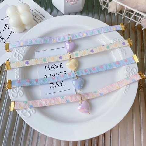 Sweet Heart Pendant Pet Collar Printed Cotton Dog Necklace Adjustable Cat Choker For Small Dogs Cats Puppy Daily Decoration