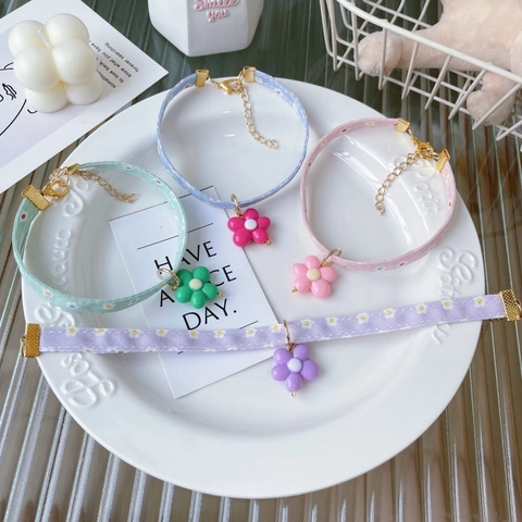 Floral Print Cotton Pet Collar Sweet Flower Pendant Adjustable Cat Dog Necklace Choker For Small Medium Pets Puppy Kitten