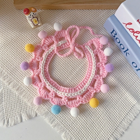 Handmade Knitted Pet Collar Colorful Pom Poms Decorative Pet Bib For Small Dogs Cats Soft Cotton Crochet Neck Strap
