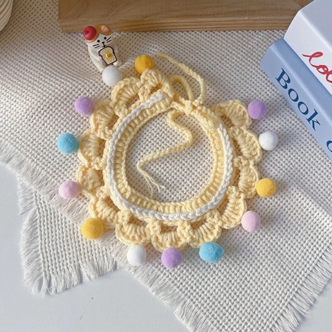 Handmade Knitted Pet Collar Colorful Pom Poms Decorative Pet Bib For Small Dogs Cats Soft Cotton Crochet Neck Strap