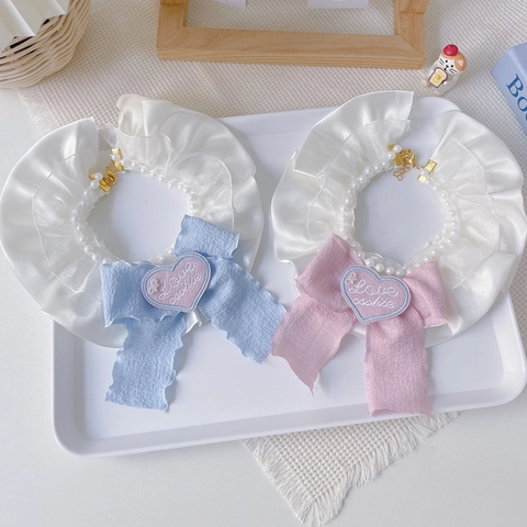 Süßes Prinzessin Haustier Spitzenhalsband Künstliche Perle Schleife Herz Bestickt Lätzchen Für Katzen Kleine Hunde Accessoire