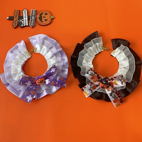 Collare in Pizzo per Animali Halloween Sciarpa Regolabile per Gatti Cani Ricamato a Zucca Accessorio per Feste