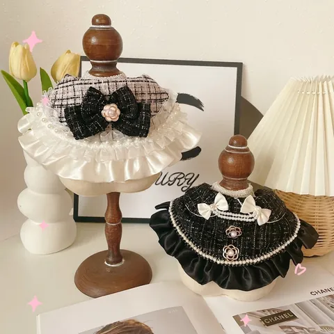 Elegante Bufanda de Tweed Para Mascotas Con Perlas Artificiales Lazo Camelia Detalle Estilo Francés De Lujo Collar Perro Gato Para Cumpleaños