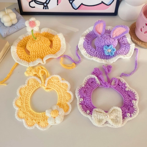 Handmade Crochet Pet Hat And Scarf Set Cute Floral Bunny Ears Dog Cat Collar Accessories For Photography Party Decor