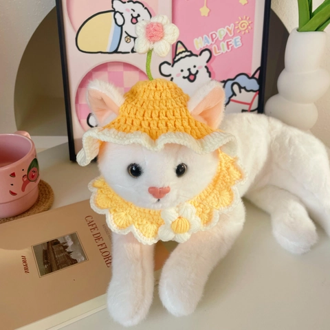 Handmade Crochet Pet Hat And Scarf Set Cute Floral Bunny Ears Dog Cat Collar Accessories For Photography Party Decor