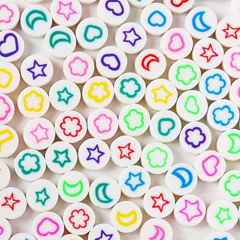 Perles Plates Rondes Blanches en Pâte Polymère Avec Motifs Étoile Lune Cœur Fleur Pour Bracelet Collier Bijoux Faits Main DIY