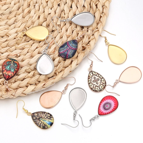 Stainless Steel Earring Hook Bezel Trays Teardrop Oval Rectangle DIY Jewelry Findings French Ear Hooks For Earring Making