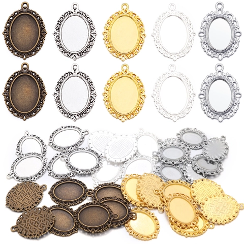 Vintage Alloy Oval Pendant Bases With Hollow Lace Floral Pattern For DIY Jewelry Making Necklaces Retro Metal Cabochon Trays