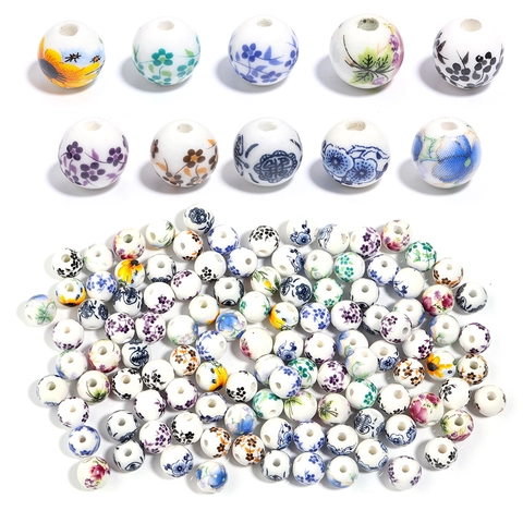 Chinese Vintage Ceramic Loose Beads Printed Floral Pattern Glazed Porcelain Spacer Beads For DIY Jewelry Making Bracelet Necklace Handmade Craft Accessories