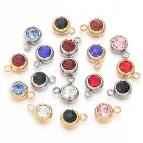 Stainless Steel Round Birthstone Rhinestone Pendant Only Without Chain For DIY Jewelry Making Necklaces Bracelet Charm