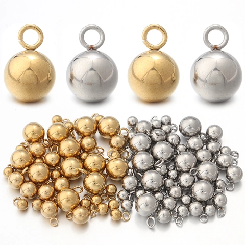 Stainless Steel Solid Ball Pendant Round Bead Charm With Loop Polished Gold Silver DIY Jewelry Making Findings Accessories