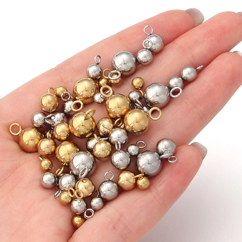 Stainless Steel Solid Ball Pendant Round Bead Charm With Loop Polished Gold Silver DIY Jewelry Making Findings Accessories