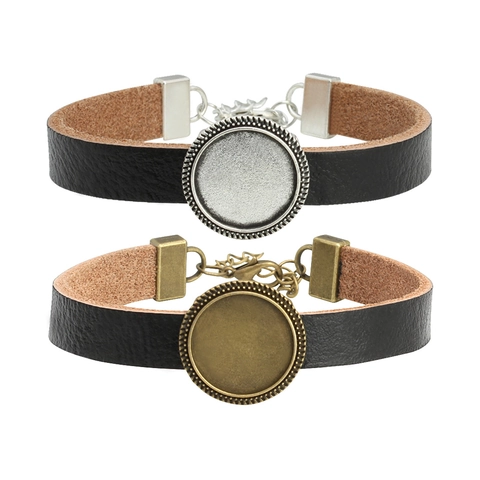 DIY Armband Basis Echt Lederen Band Antiek Brons Zilver Rond Dienblad Verstelbare Sieraden Maken Unisex