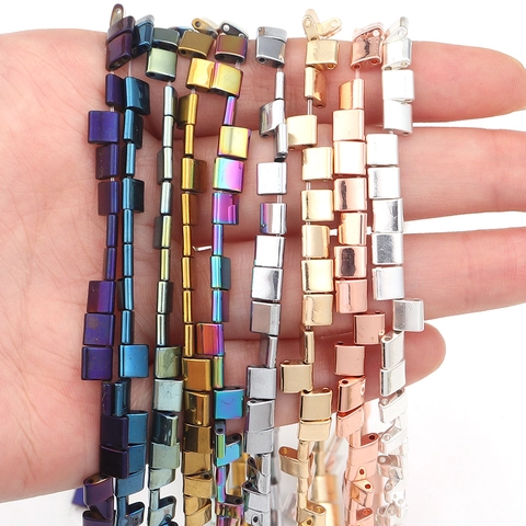 Natural Hematite Square Beads Double Hole Electroplated Spacer Beads For DIY Bracelet Necklace Handmade Jewelry Making