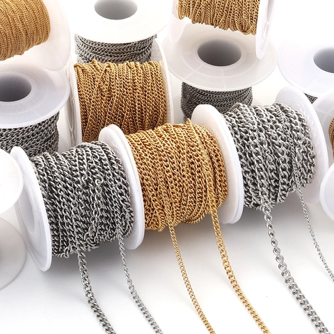 Stainless Steel Curb Chain Roll For DIY Jewelry Making Gold Silver Plated Metal Bulk Link Chain Accessory Material