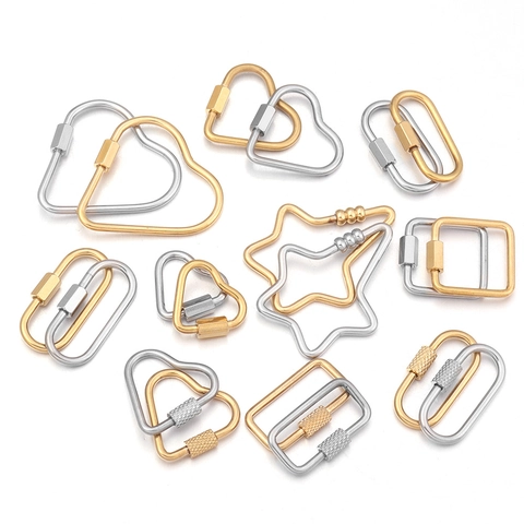 304 Stainless Steel Geometric Carabiner Clasp Heart Star Oval Screw Lock Connector For DIY Jewelry Making Keychain Accessories