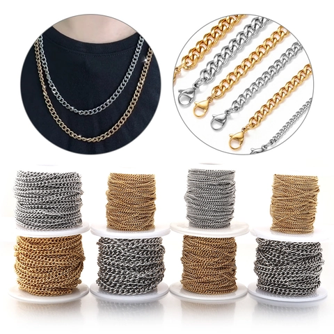 Stainless Steel Curb Chain Roll For DIY Jewelry Making Gold Silver Plated Metal Bulk Link Chain Accessory Material