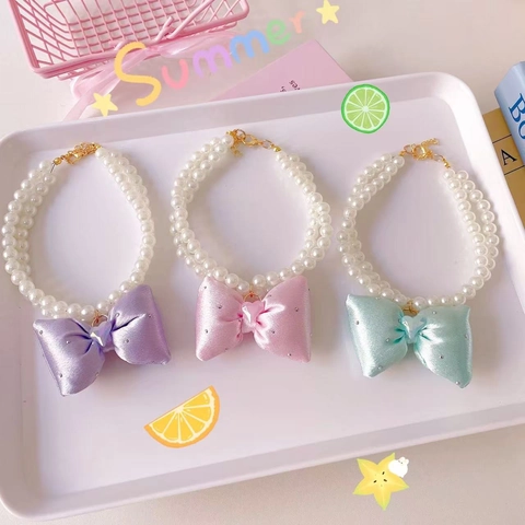 Double Layer Artificial Pearl Pet Necklace With Satin Ribbon Bow Rhinestone Heart For Cats Dogs Birthday Party Jewelry
