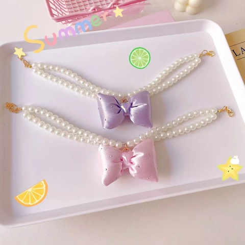 Double Layer Artificial Pearl Pet Necklace With Satin Ribbon Bow Rhinestone Heart For Cats Dogs Birthday Party Jewelry