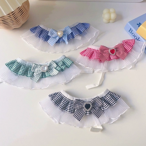 Plaid Pet Cat Dog Lace Scarf Collar With Embroidered Bow Rhinestone Heart Scarf For Cats Small Dogs Adjustable Mesh Bib Accessories