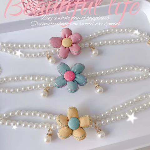 Korean Style Artificial Pearl Pet Necklace With Large Fabric Flower Decorative Cat Dog Collar Adjustable Jewelry Accessories