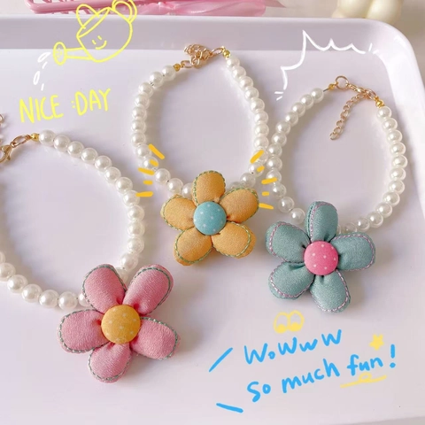Korean Style Artificial Pearl Pet Necklace With Large Fabric Flower Decorative Cat Dog Collar Adjustable Jewelry Accessories