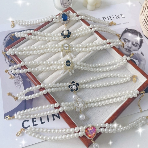 Elegante Dubbellaagse Kunstparel Huisdier Ketting Met Bloem Bij Hanger Hart Edelstein Hond Kat Halsband Sieraden Accessoires