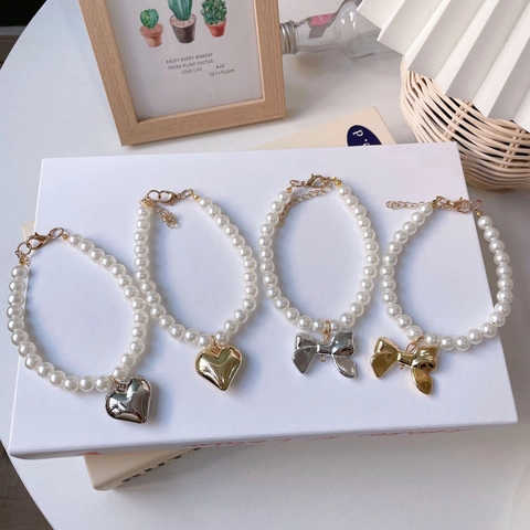 French Retro Artificial Pearl Pet Necklace With Heart Bow Pendant Adjustable Cat Dog Jewelry Collar For Wedding Party Decoration