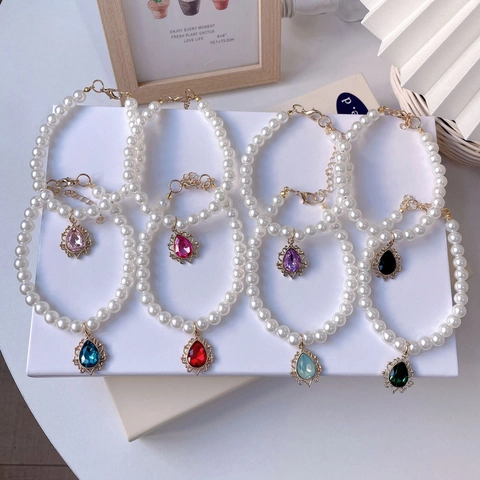 Pet Artificial Pearl Necklace For Dogs Cats Princess Style Resin Rhinestone Teardrop Pendant Adjustable Jewelry Neck Strap
