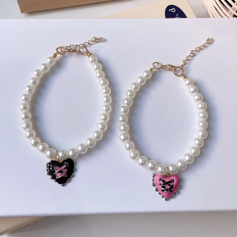 French Retro Artificial Pearl Pet Necklace With Heart Bow Pendant Adjustable Cat Dog Jewelry Collar For Wedding Party Decoration