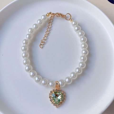 Heart Rhinestone Artificial Pearl Pet Necklace Cute Cat Dog Collar Adjustable Resin Bead Neck Strap Jewelry For Pets