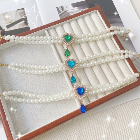 Double Layer Artificial Pearl Pet Necklace With Heart Waterdrop Rhinestone Pendant For Dogs Cats Jewelry Accessory