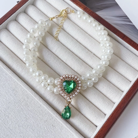 Double Layer Artificial Pearl Pet Necklace With Heart Waterdrop Rhinestone Pendant For Dogs Cats Jewelry Accessory