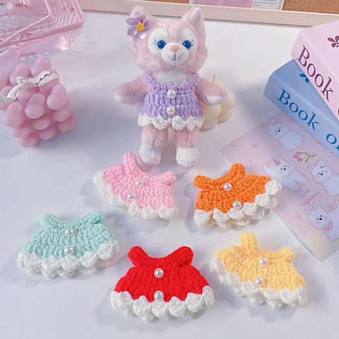 Handmade Crochet Knitted Doll Dress With Artificial Pearl Decoration Cute Plush Toy Clothes Mini Wavy Edge Skirt For Dolls