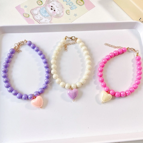 Collar de Cuentas para Mascotas Estilo Dulce Princesa con Colgante de Corazón Arcoíris Cadena Ajustable para Gatos Perros